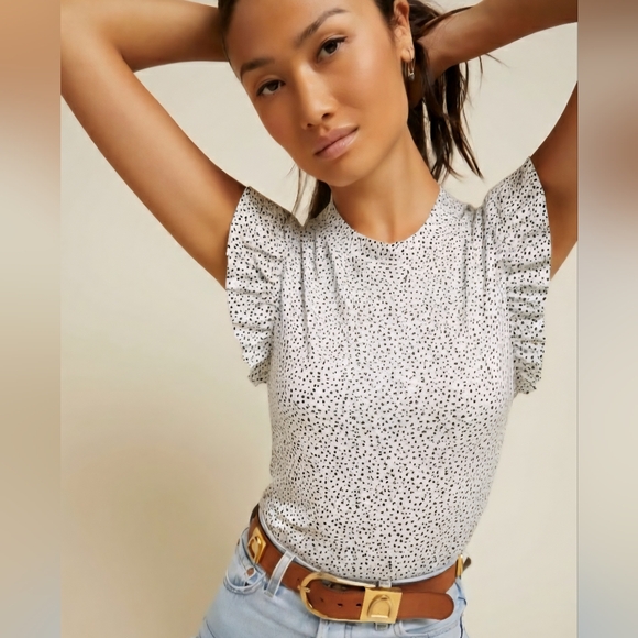 ​Nation LTD Paulette Speckled Ruffle Tank Top Pima Cotton Crew Neck Small - Picture 1 of 9